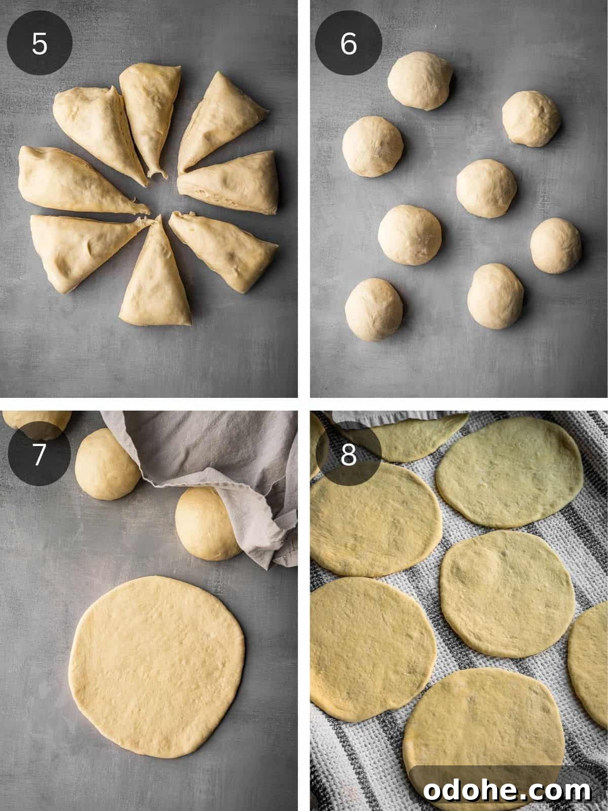 Homemade Greek pita bread recipe steps showing the division of the dough and the rolling of the individual pitas.