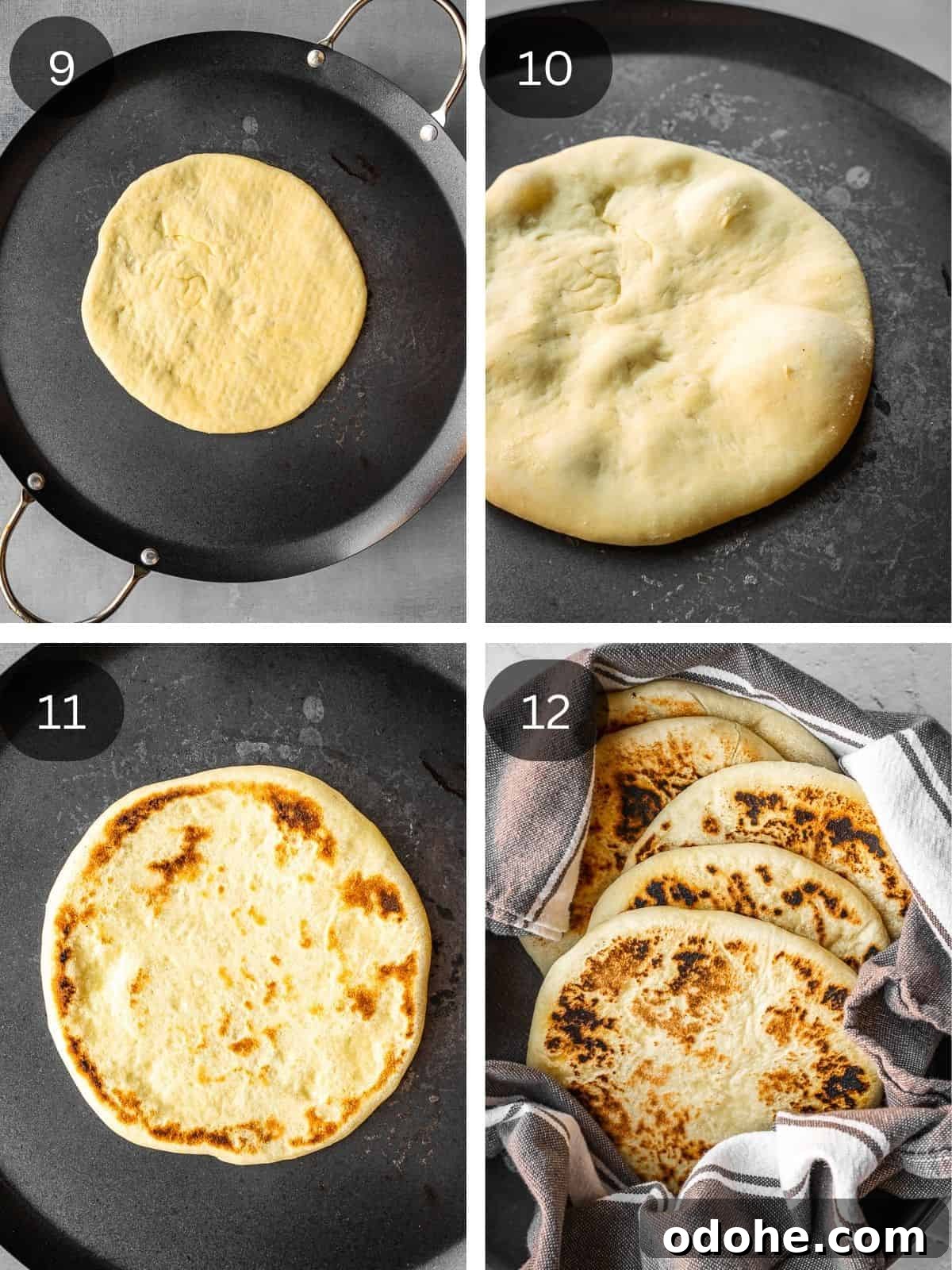 Homemade Greek pita bread recipe steps showing the cooking of the pita on the hot pan.