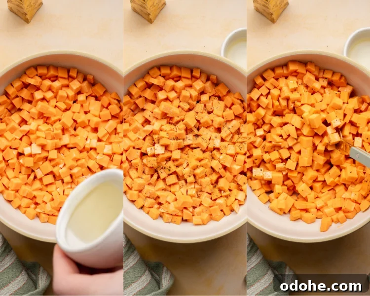 Three images side-by-side showing how to oil the potatoes and add salt and pepper.