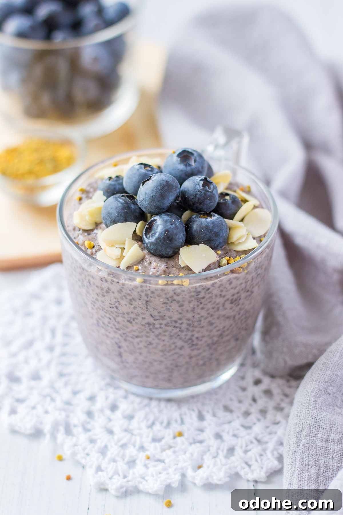 Blueberry Chia Pudding served in a glass bowl topped with fresh blueberries and almonds