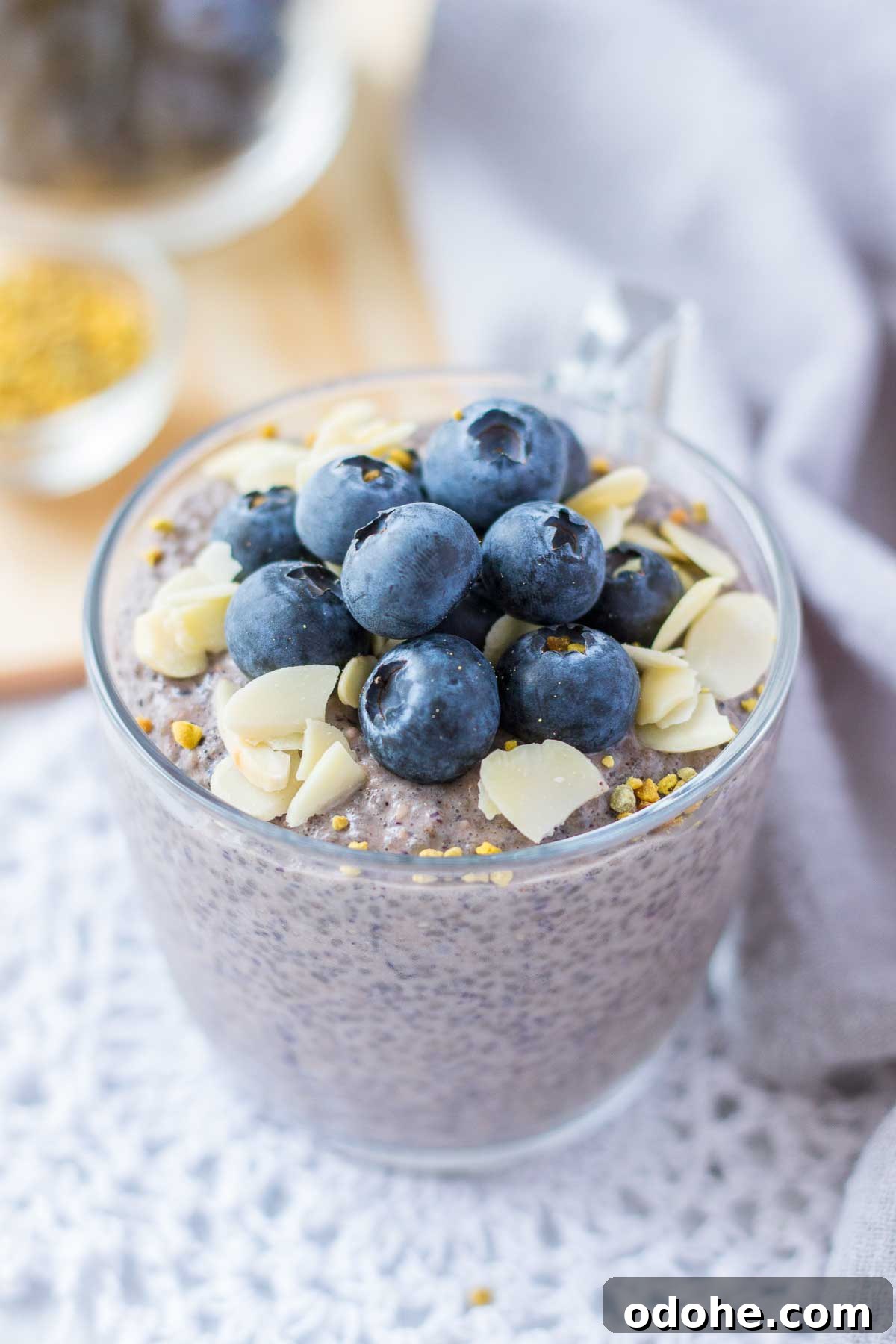Close up of Blueberry Chia Pudding served in a glass bowl topped with fresh blueberries and almonds