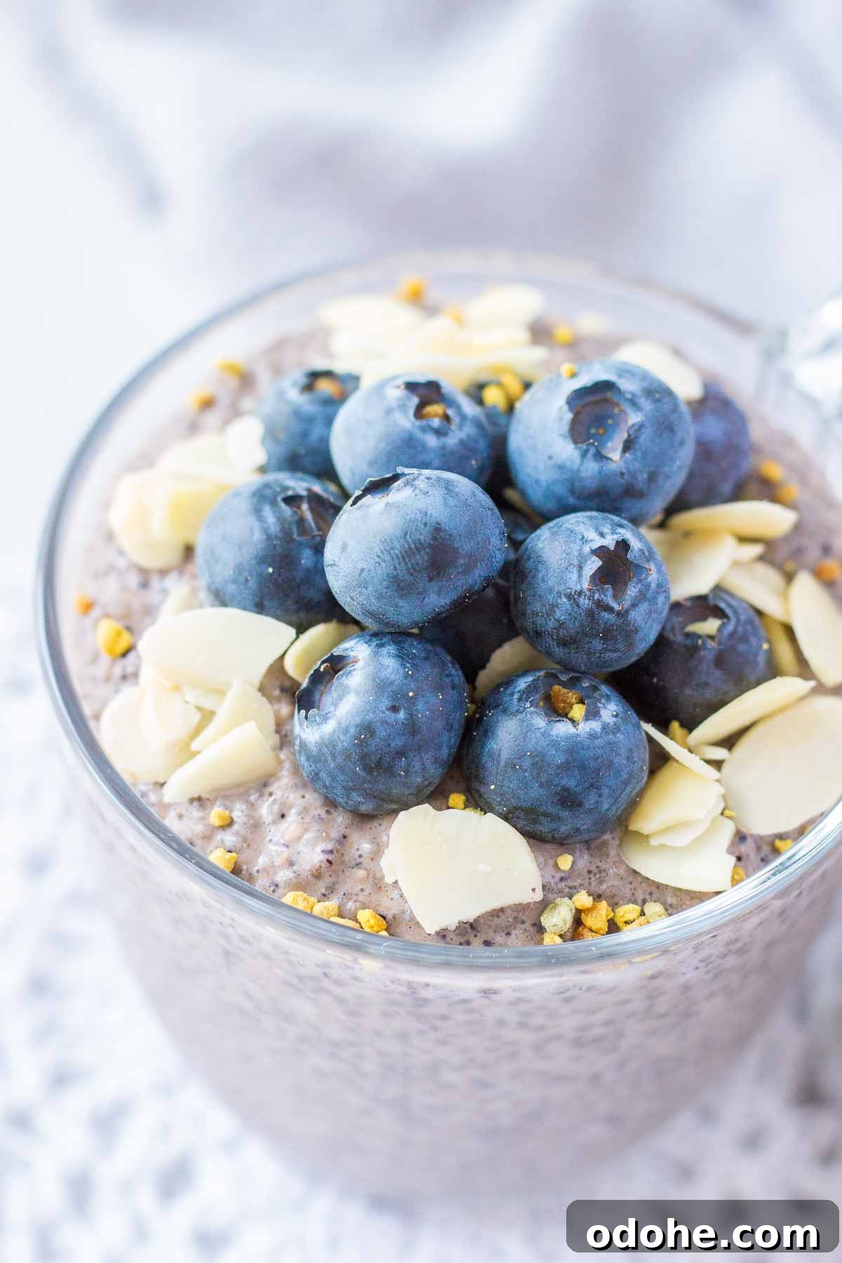 Close up of Blueberry Chia Pudding topped with fresh blueberries and almonds