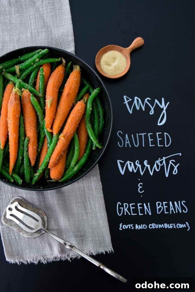 Sautéed Carrots and Green Beans with Garlic and Herbs 2 easy sautéed carrots and green beans overhead shot with title written on chalkboard
