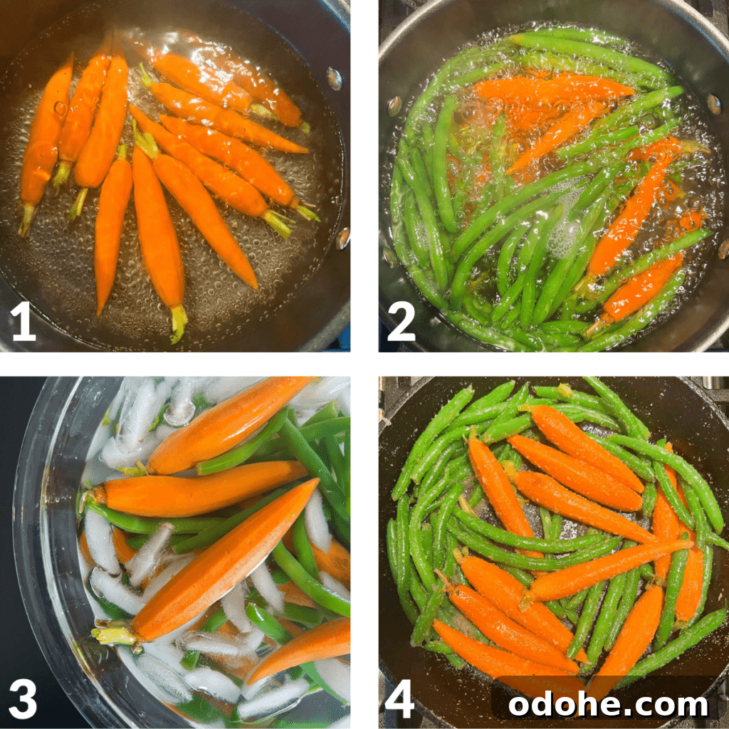 Sautéed Carrots and Green Beans with Garlic and Herbs 5 collage showing 4 steps to making sautéed carrots and green beans
