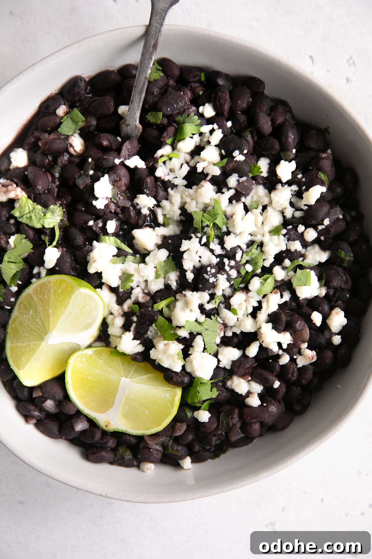 40+ Authentic Mexican Recipes for an Unforgettable Cinco de Mayo 21 White bowl filled with Mexican-style black beans garnished with cotija cheese and fresh cilantro.