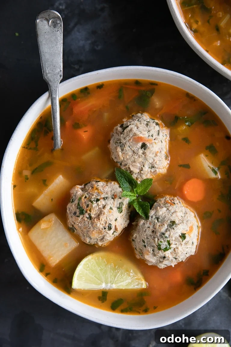 40+ Authentic Mexican Recipes for an Unforgettable Cinco de Mayo 29 A bowl of albondigas soup with three large meatballs.