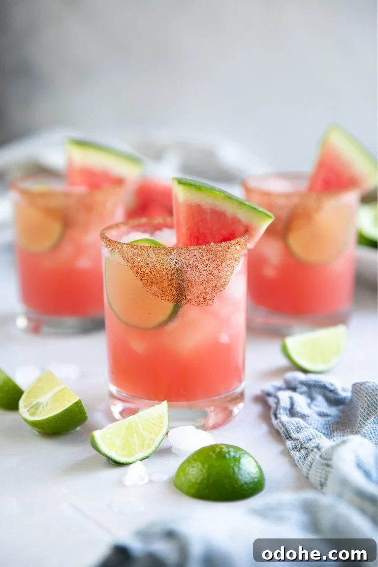 40+ Authentic Mexican Recipes for an Unforgettable Cinco de Mayo 43 Three iced watermelon margaritas in rocks glasses garnished with fresh lime wheels and sliced watermelon.