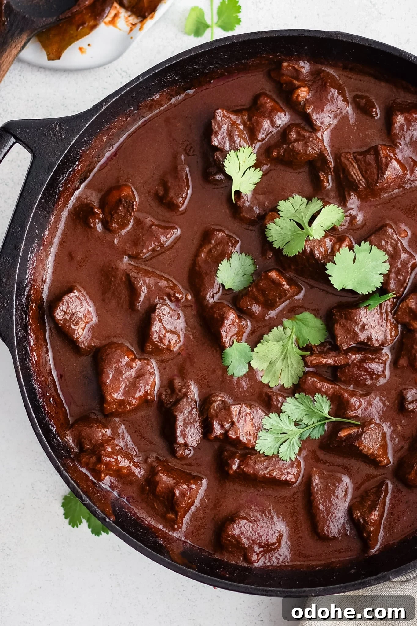40+ Authentic Mexican Recipes for an Unforgettable Cinco de Mayo 9 Homemade chile colorado with chunks of beef in a large cast iron pot and garnished with fresh cilantro.