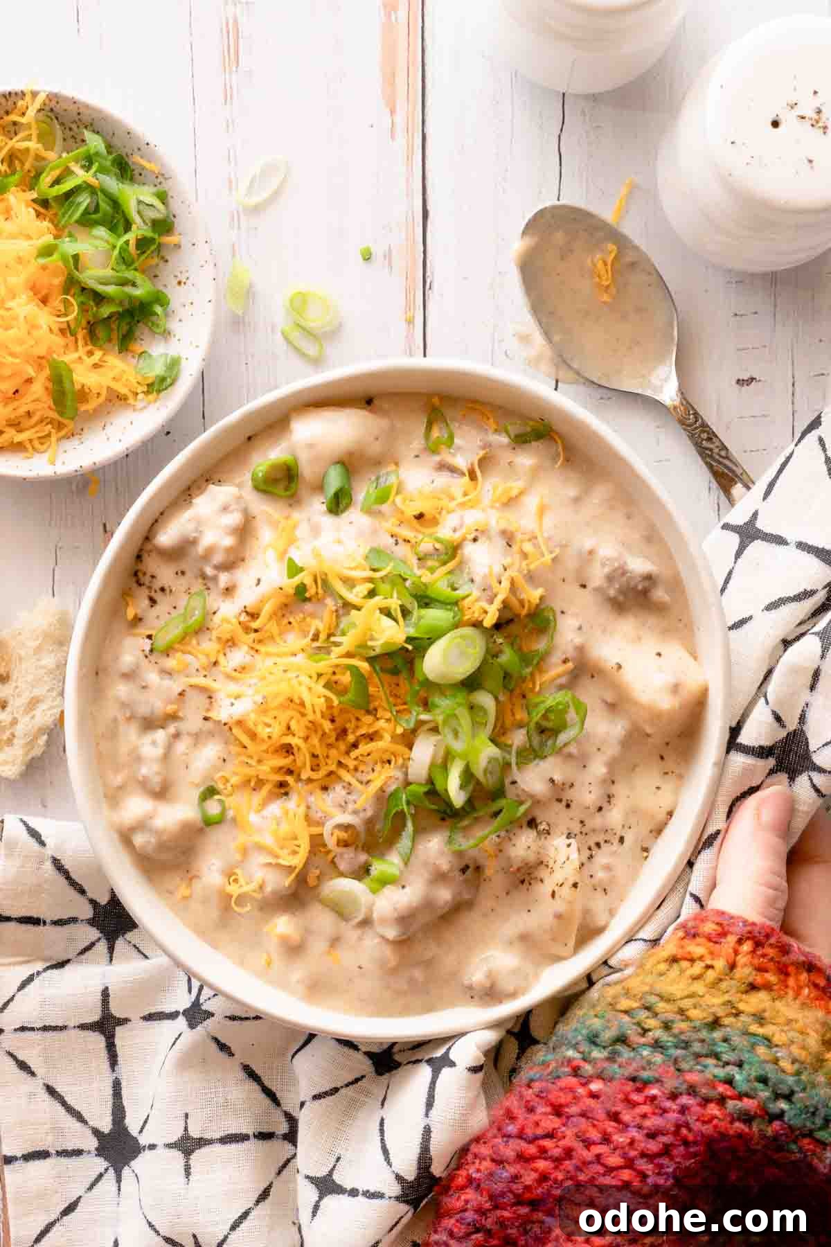 hand holding bowl of creamy hamburger potato soup garnished with green onion and cheese.