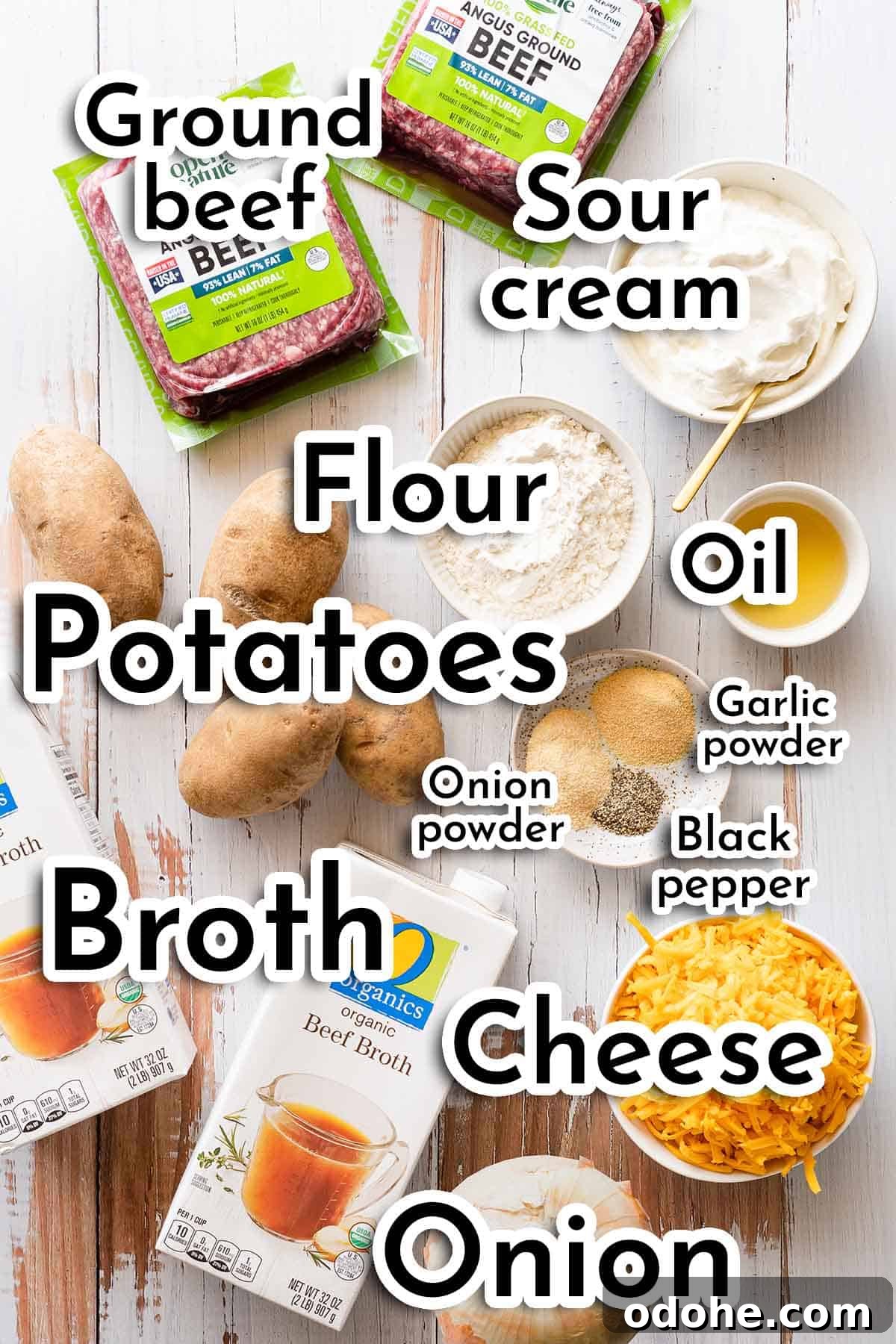 ingredients for creamy hamburger potato soup with text labels.