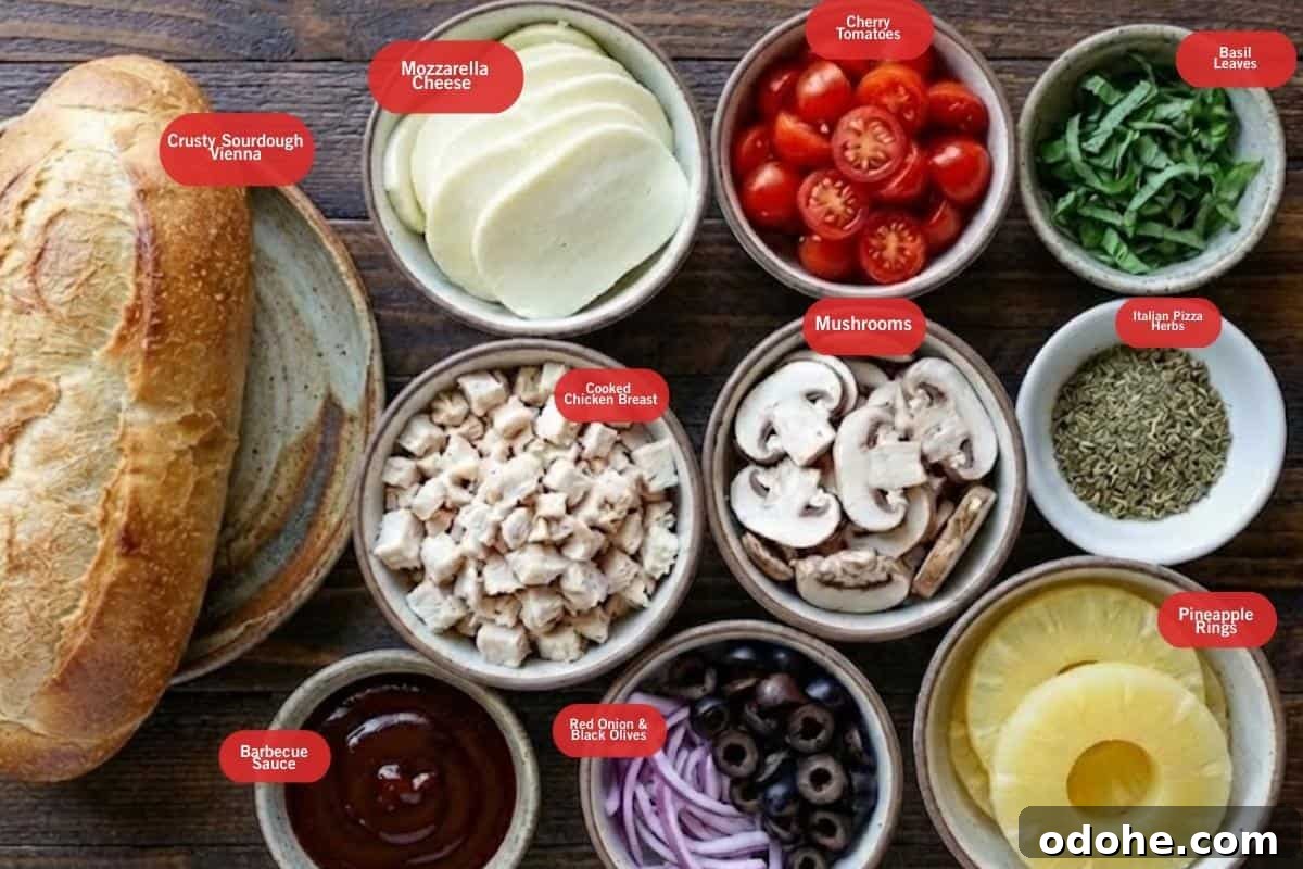 Smoky BBQ Chicken-Stuffed Bread Recipe: Savory Pull-Apart Loaf 3 Flat lay photo of ingredient shot of crust sourdough Vienna, mozzarella cheese, cherry tomatoes, basil leaves, Italian pizza herbs, mushrooms, cooked chicken breast, barbecue sauce, red onion and black olives, pineapple rings