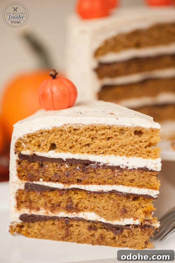 Spiced Layered Pumpkin Cake with Cream Cheese Frosting 5 sliced layered pumpkin cake showing chocolate ganache and buttercream frosting