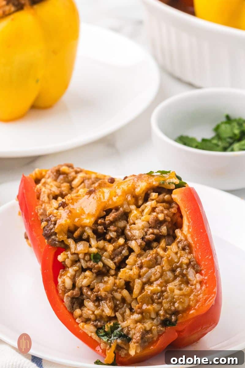 A close-up shot of a red stuffed bell pepper half cut open on a white plate, showing the rich, cheesy, ground beef and rice filling.