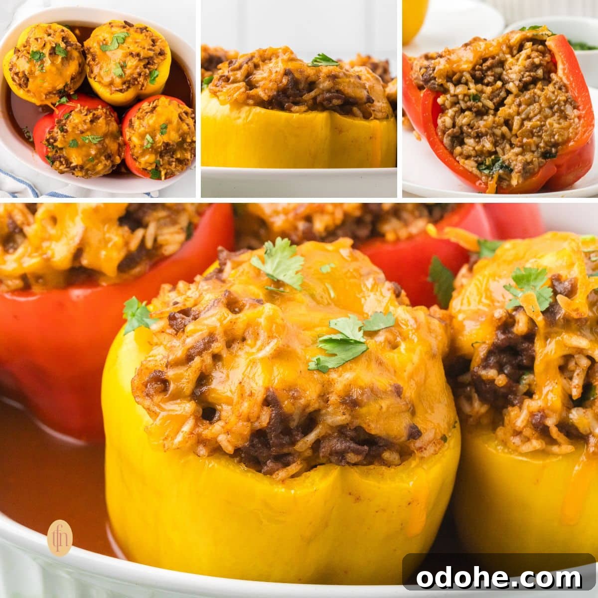 A collage of images of baked taco stuffed peppers. The bottom image is a close-up of a yellow pepper in a baking dish, and the top row shows three different views: an overhead view in the dish, a close-up of a yellow pepper on a white plate, and a cross-section of a red pepper half.
