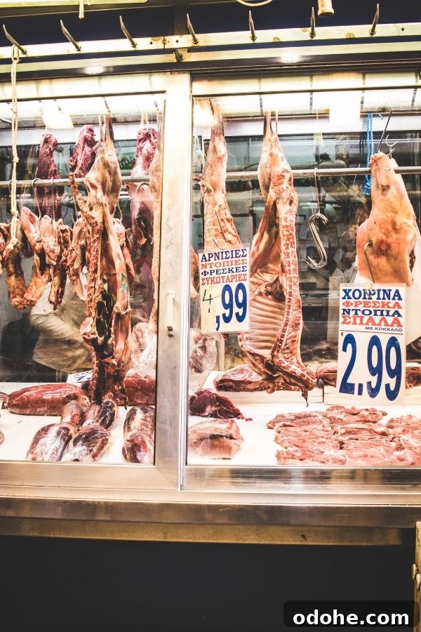 Central Market Athens: 10 Compelling Reasons to Visit the Varvakeios Food Market 6 Hanging meat at the Central Market in Athens Greece.