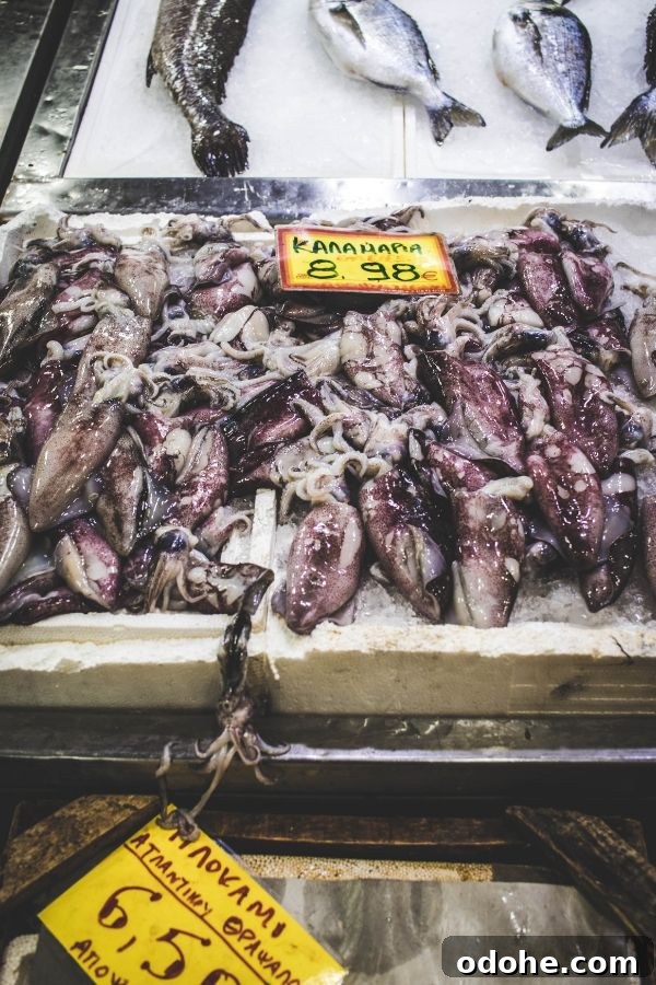 Central Market Athens: 10 Compelling Reasons to Visit the Varvakeios Food Market 8 Raw squid at the food market in Athens Greece