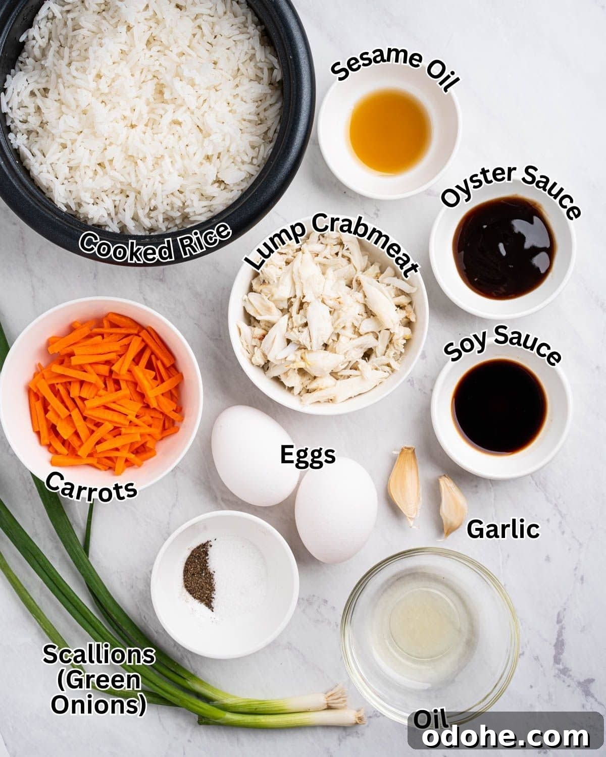 Labeled ingredients for crab fried rice.