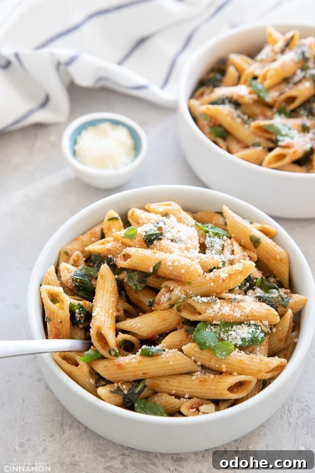 side view of a bowl with penne pasta tossed in an easy sun-dried tomato sauce
