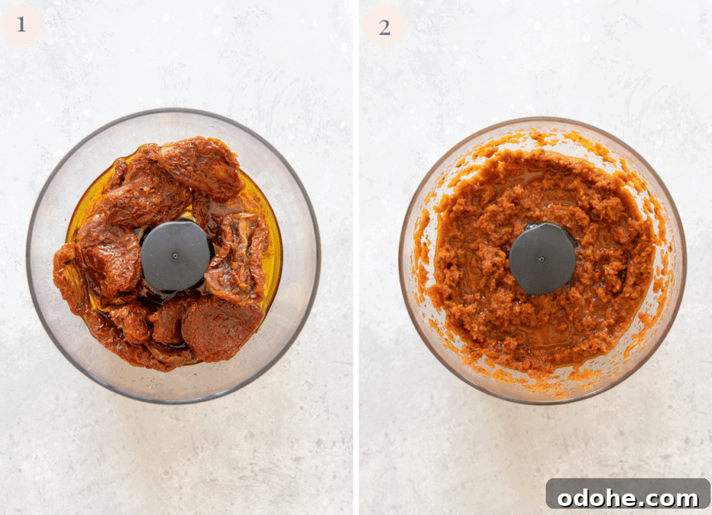 a photo collage showing how sun-dried tomatoes are being processed into a smooth sauce in a small food processor