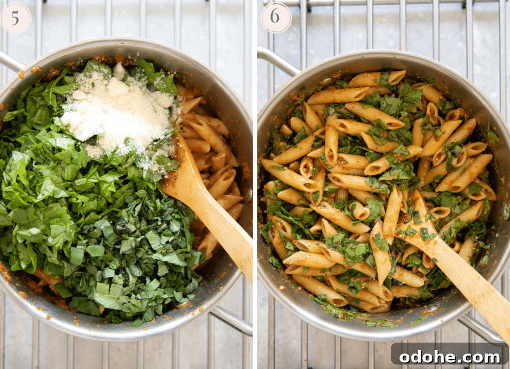 photo collage depicting baby spinach and grated parmesan being added to a pot of freshly cooked penne pasta 