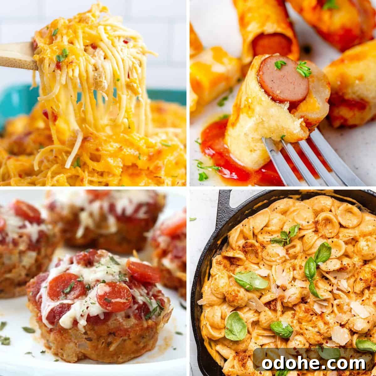 51 Friday Night Dinner Ideas to Try Tonight 2 Collage with Rotel chicken spaghetti, hot dog casserole, mini pizza meatloaf, and sun-dried tomato pasta.