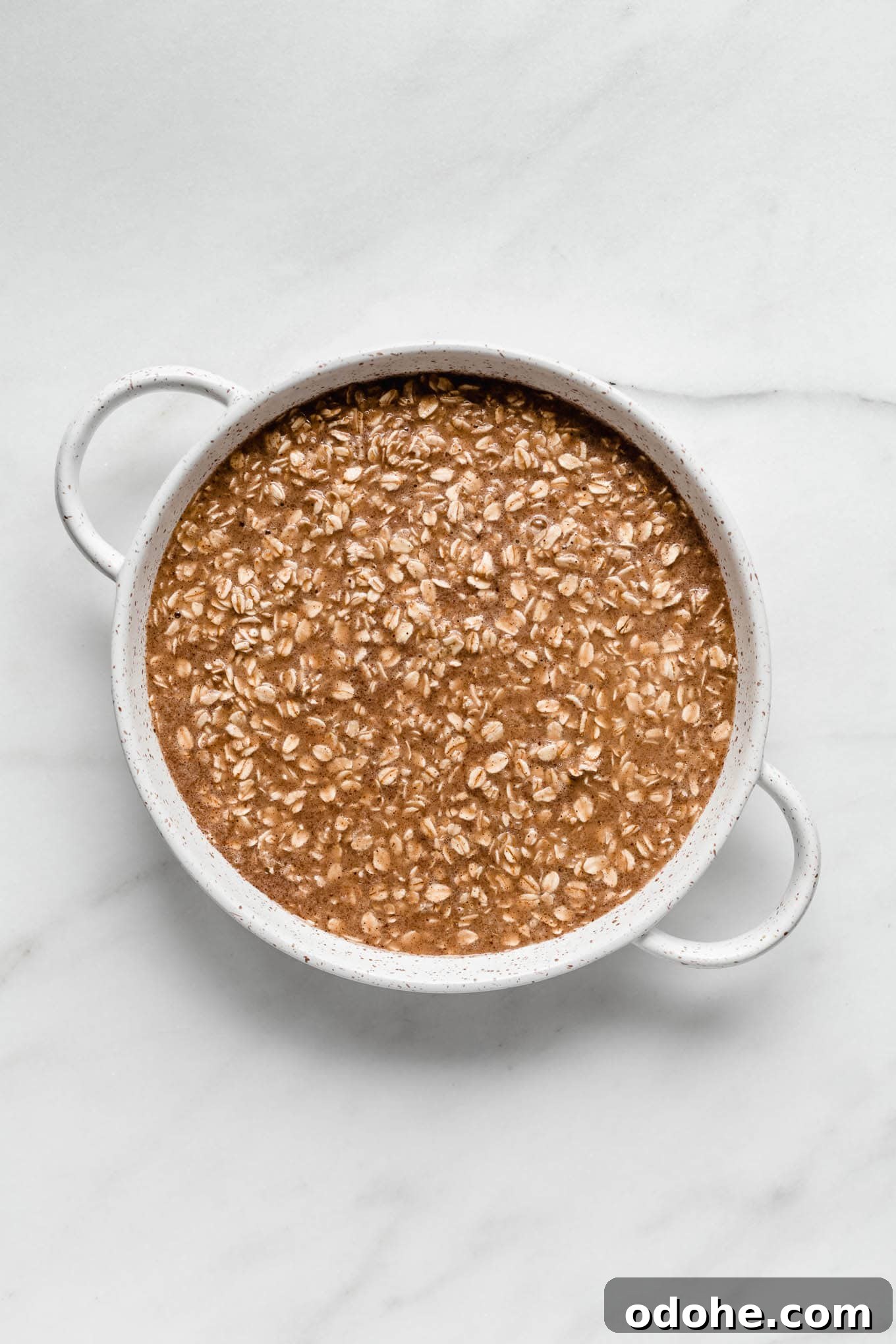 Unbaked cinnamon roll baked oats in a round baking dish.