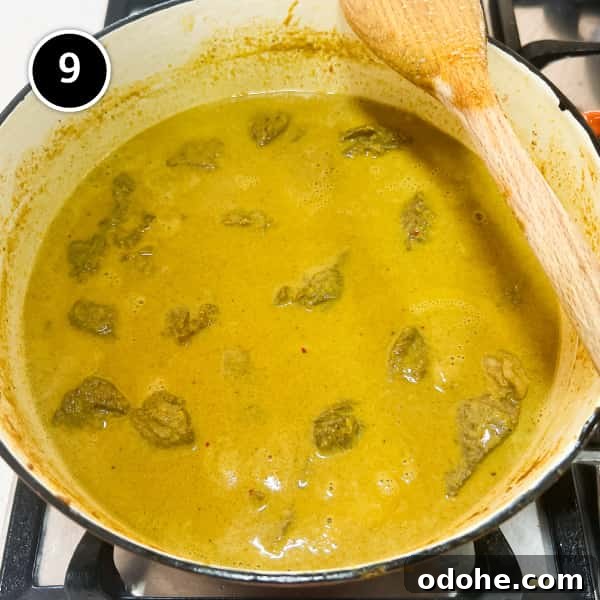 Thai Beef Massaman Curry | cookeatworld.com Thai beef massaman curry simmering in a pan.