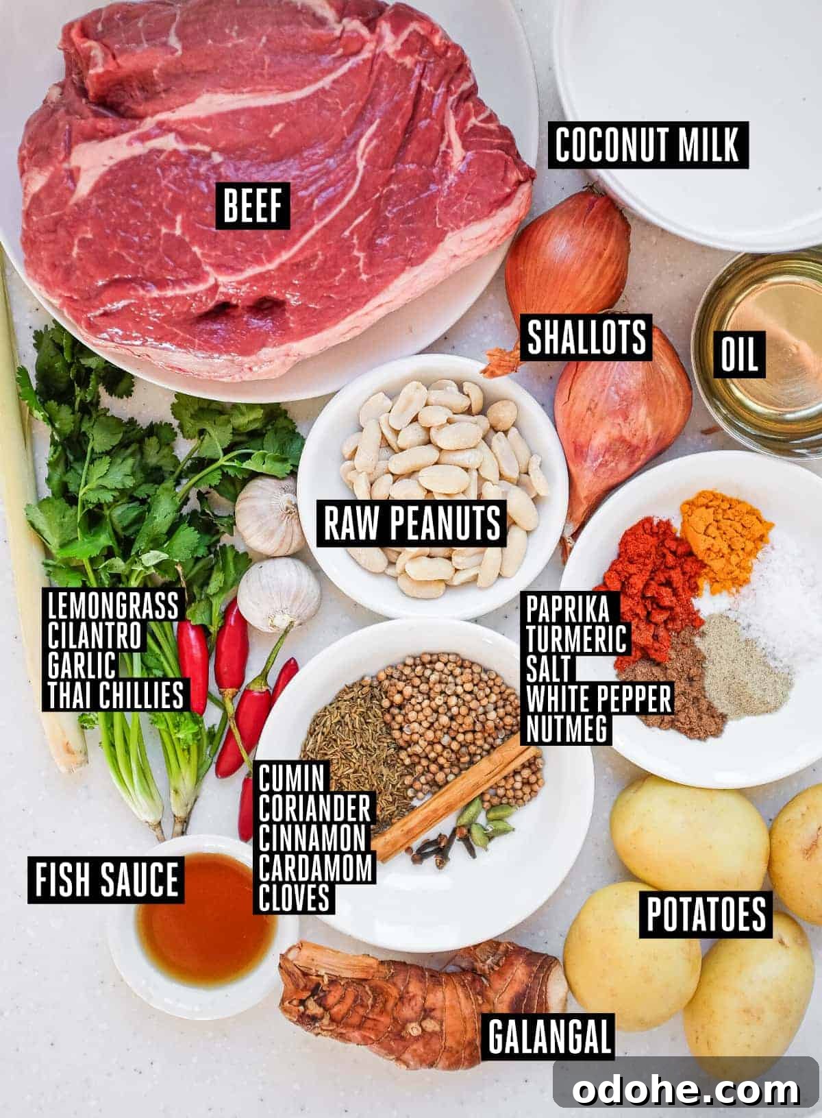 Thai Beef Massaman Curry | cookeatworld.com The labelled ingredients for a Thai Massaman curry.