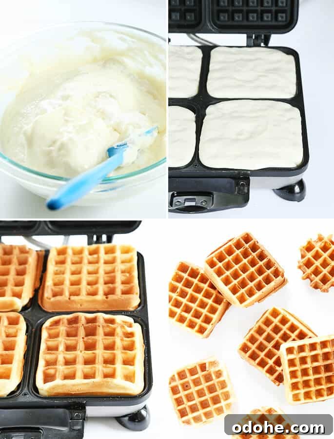 bowl of waffle batter, waffle batter in waffle maker, cooked waffles sin waffle maker, and 6 waffles on white background 