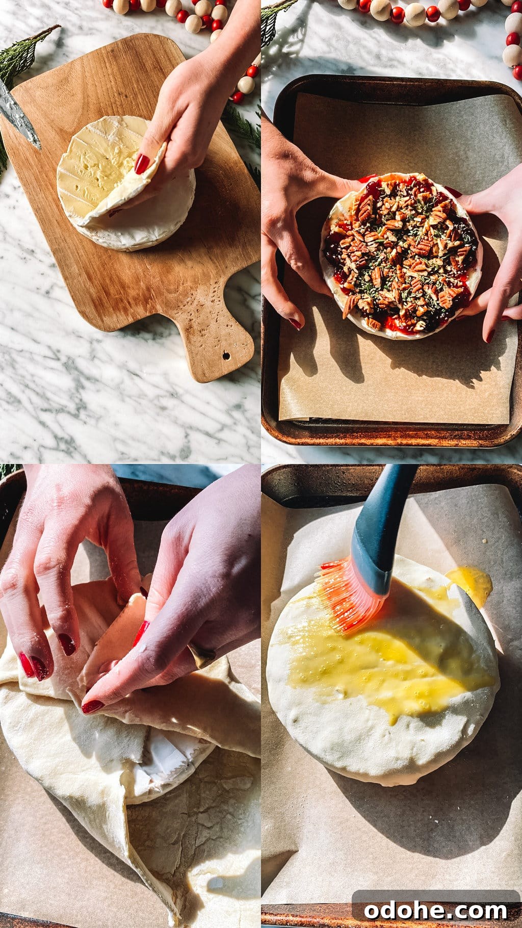 Warm Baked Brie with Cherry-Pecan Topping 4 Step by step grid on how to make baked brie.