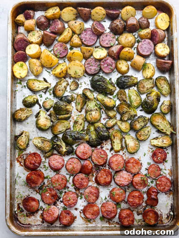 Roasted sausage and vegetables on a sheet pan A sheet pan with cooked sausage and veggies