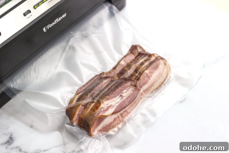Overnight Sous Vide Bacon Recipe (Video Guide) 6 vacuum sealing sous vide bacon on a countertop