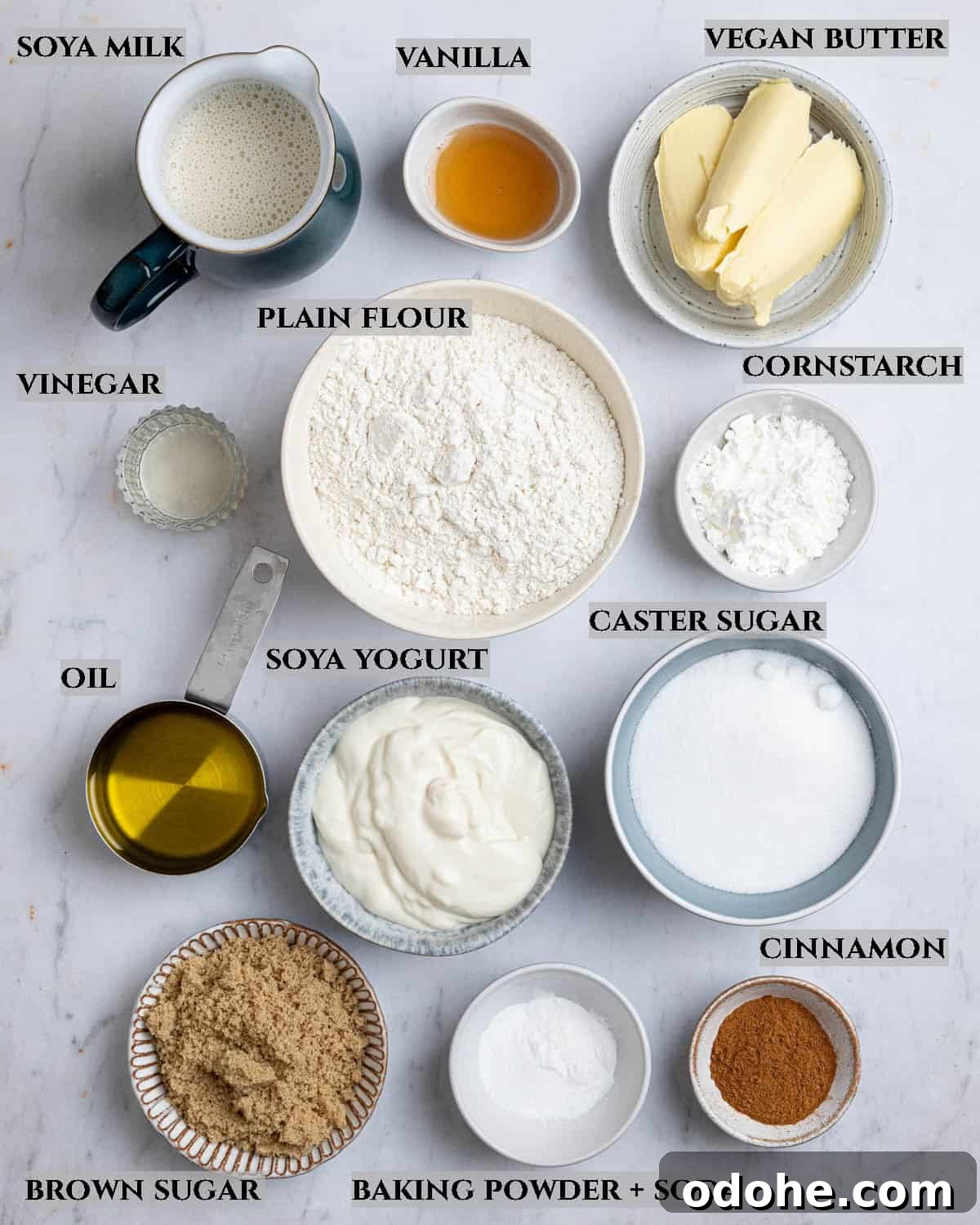 A labelled photo of the ingredients needed to make vegan coffee cake.