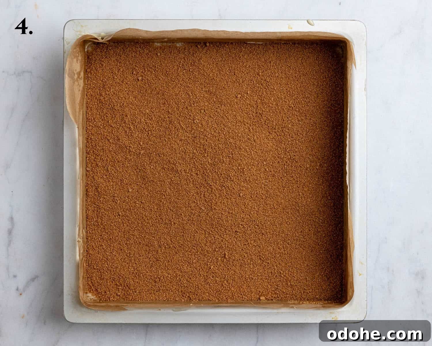Step 4, the batter topped with the cinnamon sugar in a cake tin.