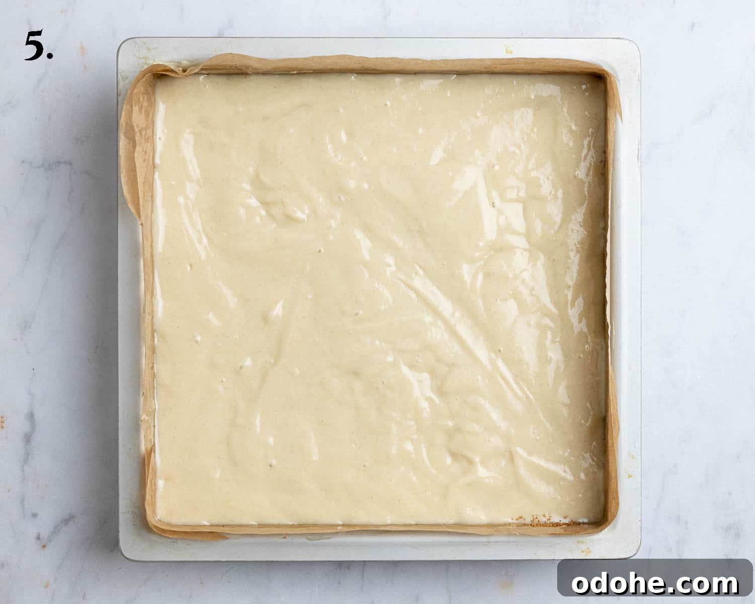 Step 5, the batter in the cake tin.