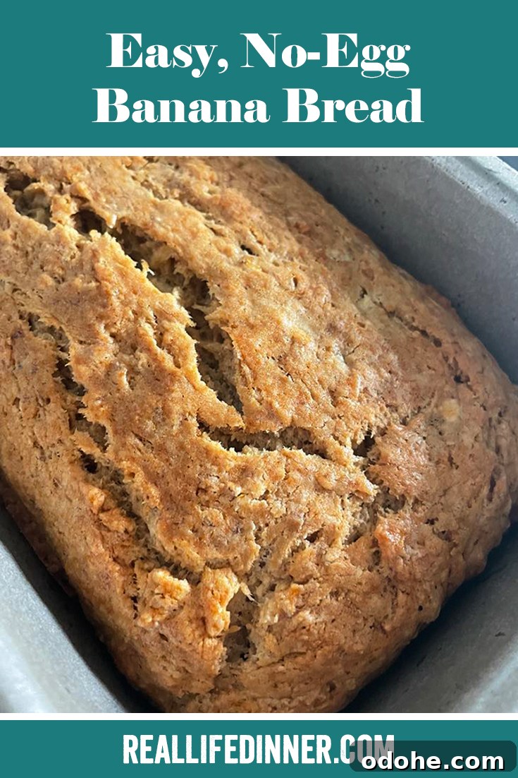 Moist No-Egg Banana Bread Recipe 15 Pinterest picture with the text of the title at the top.