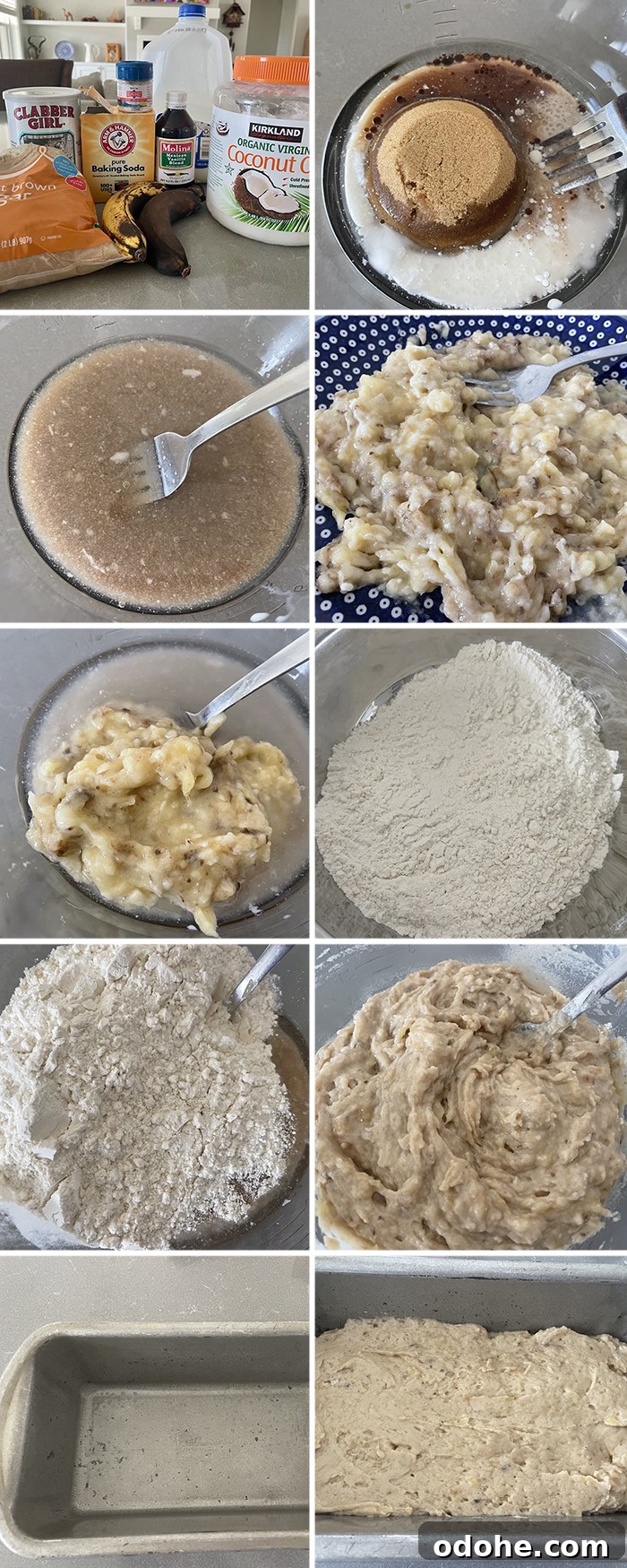 Moist No-Egg Banana Bread Recipe 4 10-photo picture collage of step-by-step photos for how to make Easy No-Egg Banana Bread.