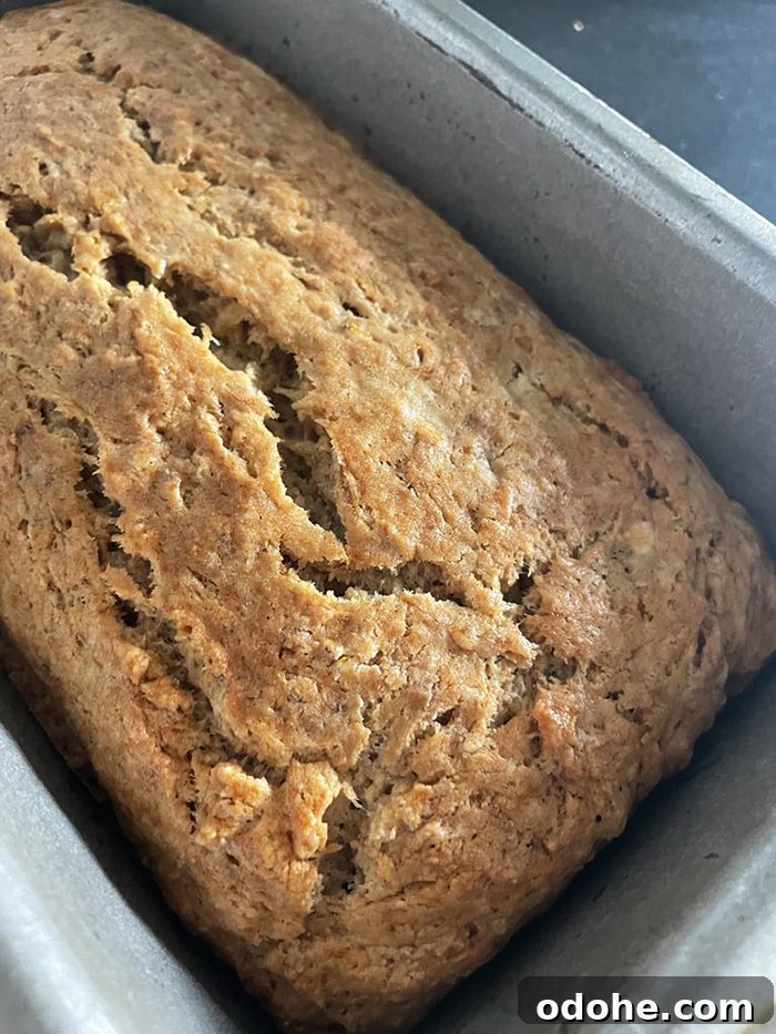 No-Egg Banana Bread in a metal loaf pan.