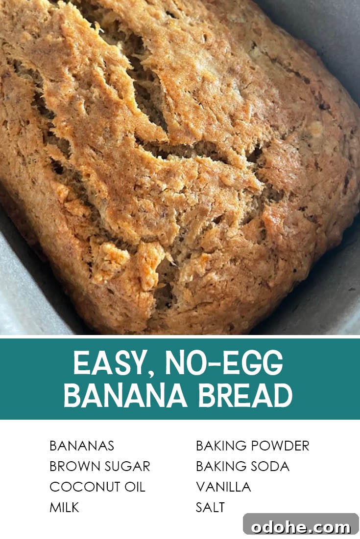 Moist No-Egg Banana Bread Recipe 8 Pinterest picture with the text of the title separating the photo of eggless banana bread in a loaf pan and the ingredients list.