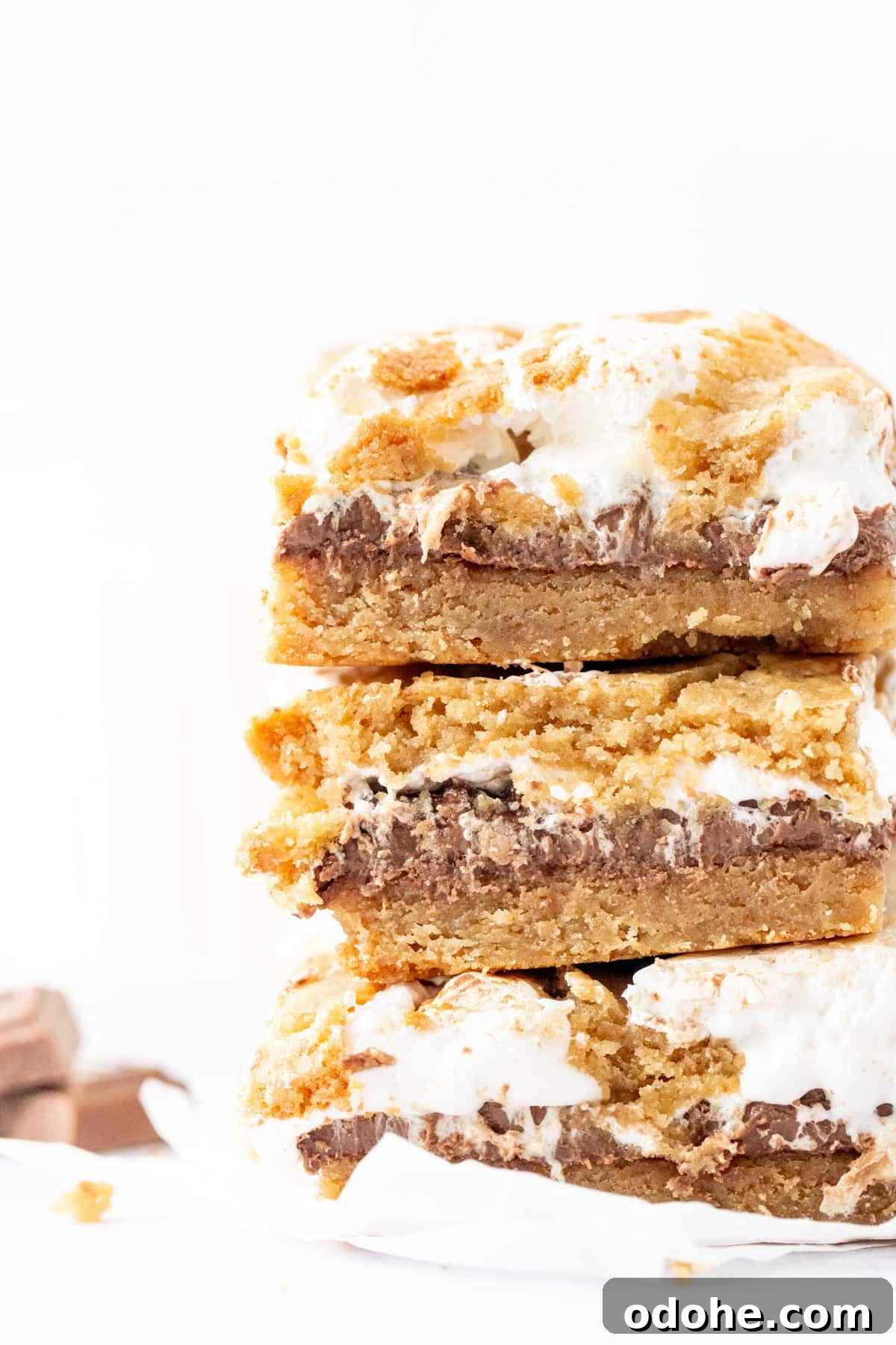 Chewy S'mores Cookie Bars 2 Stack of three gooey s'mores cookie bars