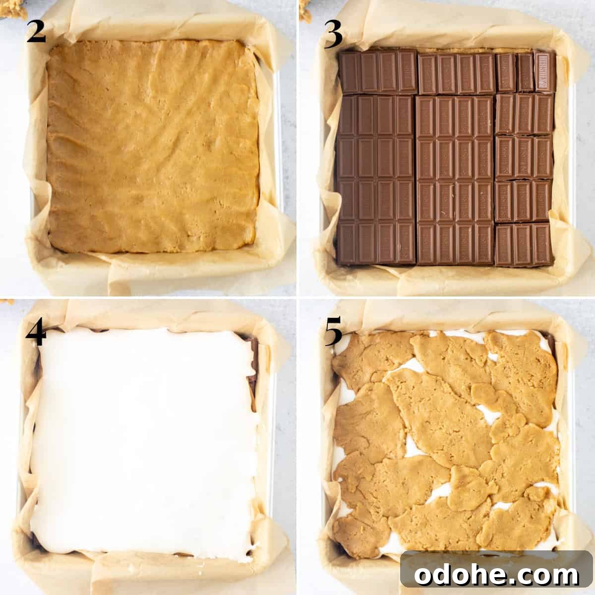 Chewy S'mores Cookie Bars 5 4 photos, showing step-by-step of how to assemble s'mores cookie bars
