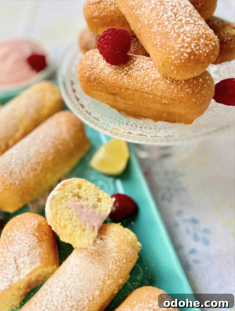 Homemade Lemon Raspberry Twinkies Recipe 2 Twinkies on a serving tray garnished with lemon slices and raspberries.