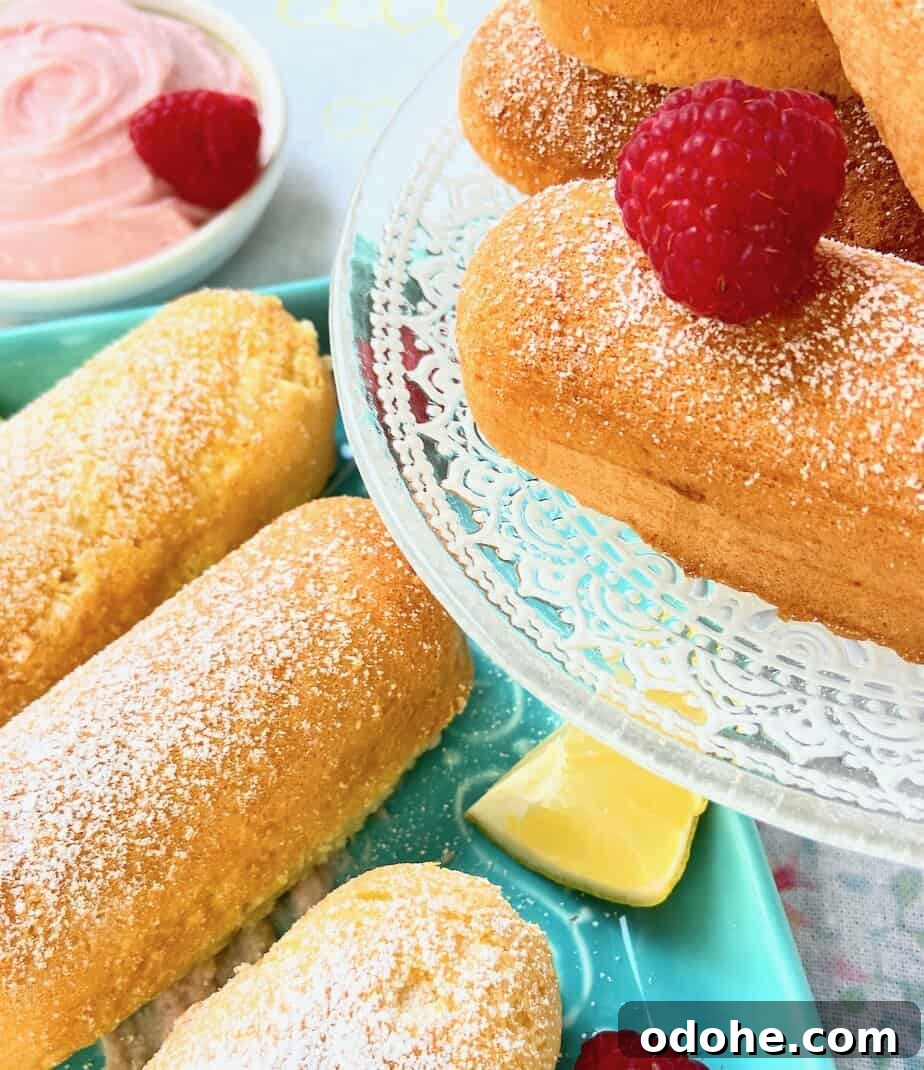 Homemade Lemon Raspberry Twinkies Recipe 7 Twinkies dusted with confectioners' sugar on tray.