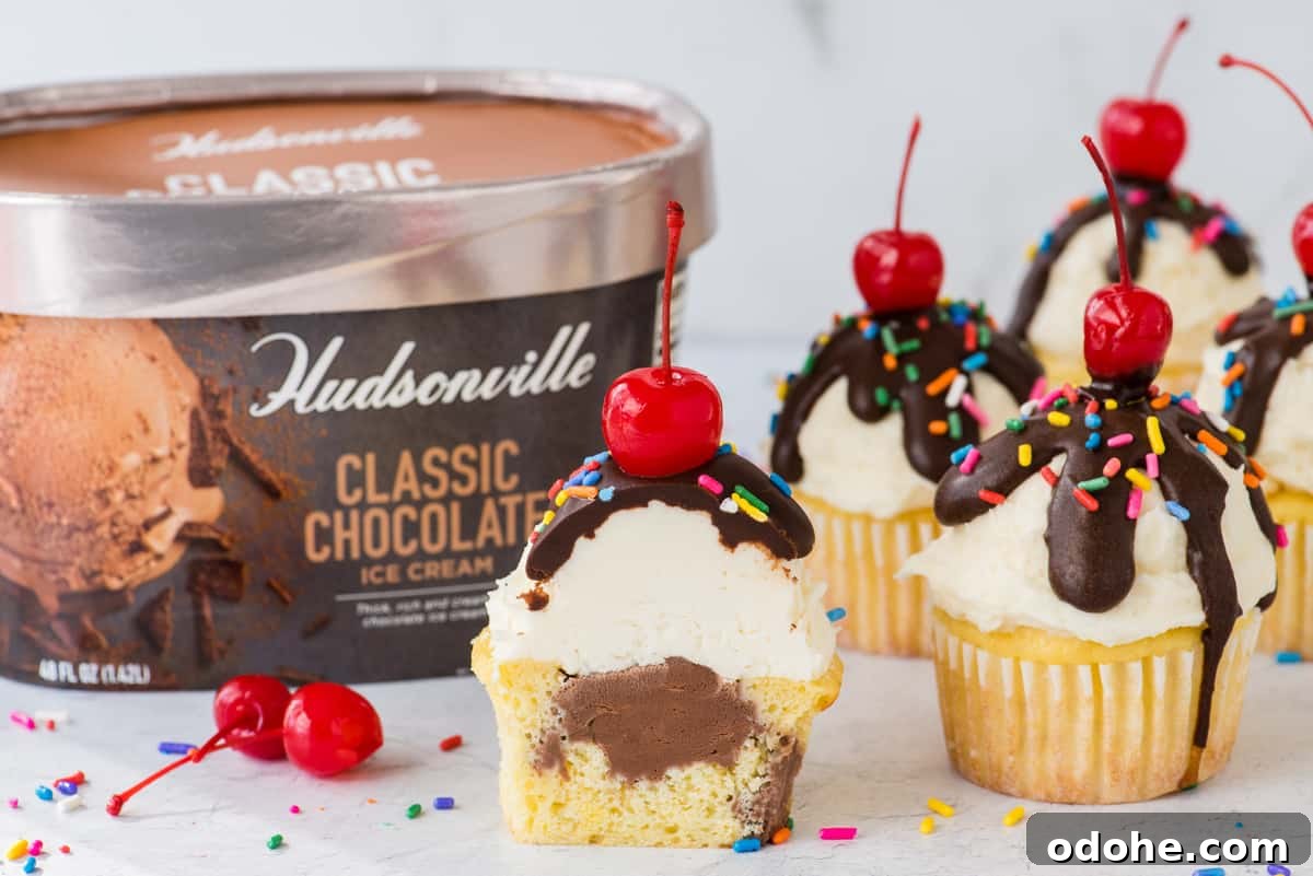 Ice Cream Cupcakes Recipe: Creamy No-Bake Dessert Cups 4 ice cream cupcakes arranged on white surface with Hudsonville ice cream container in the background