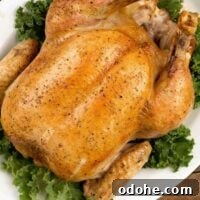 Herb-Roasted Capon with Garlic and Lemon 4 An overhead view of a roasted capon on a bed of green kale, ready to be carved for serving.