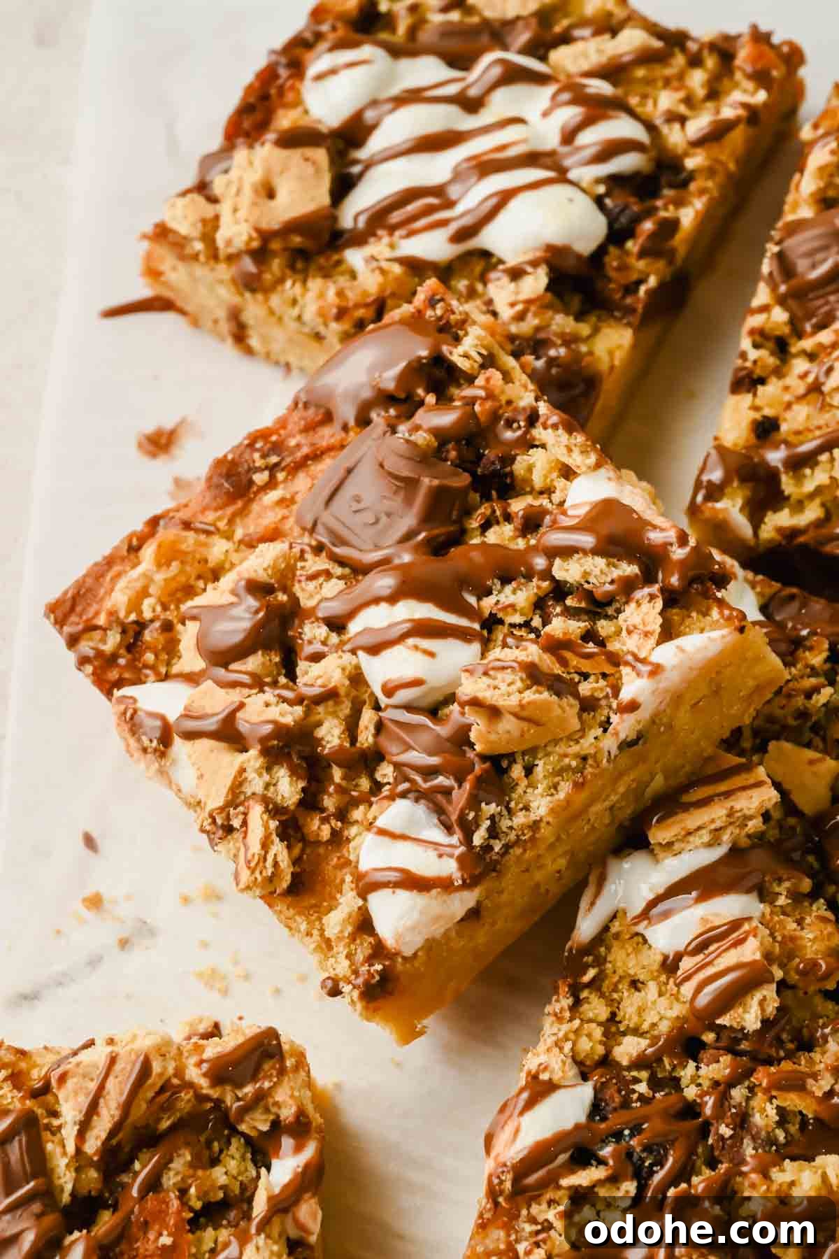 sliced s'mores casserole drizzled with melted chocolate.