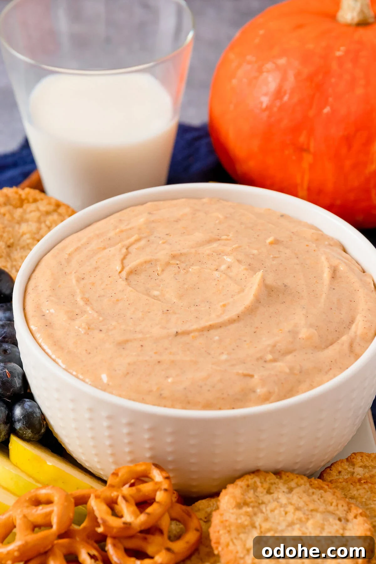 A bowl of creamy pumpkin dip surrounded by apple slices, pretzels, and cookies for dipping.