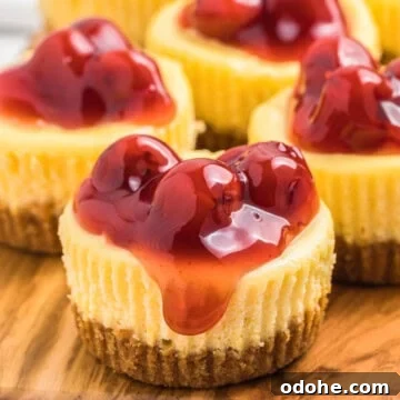Mini cheesecakes topped with glossy cherry pie filling on a wooden board.