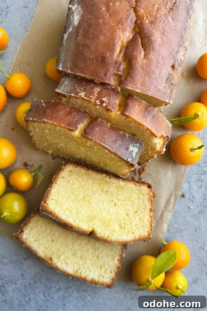 slices of glazed calamansi pound cake surrounded by fresh calamansi fruit.
