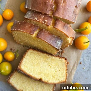 slices of glazed calamansi pound cake surrounded by fresh calamansi fruit.
